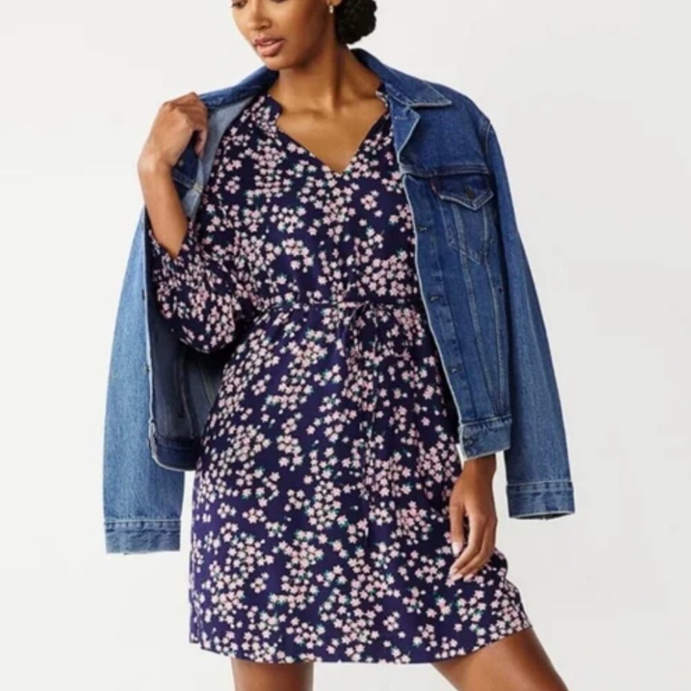 Draper James RSVP Floral Dress Womens Medium Navy Tie Waist Career Preppy Y2K